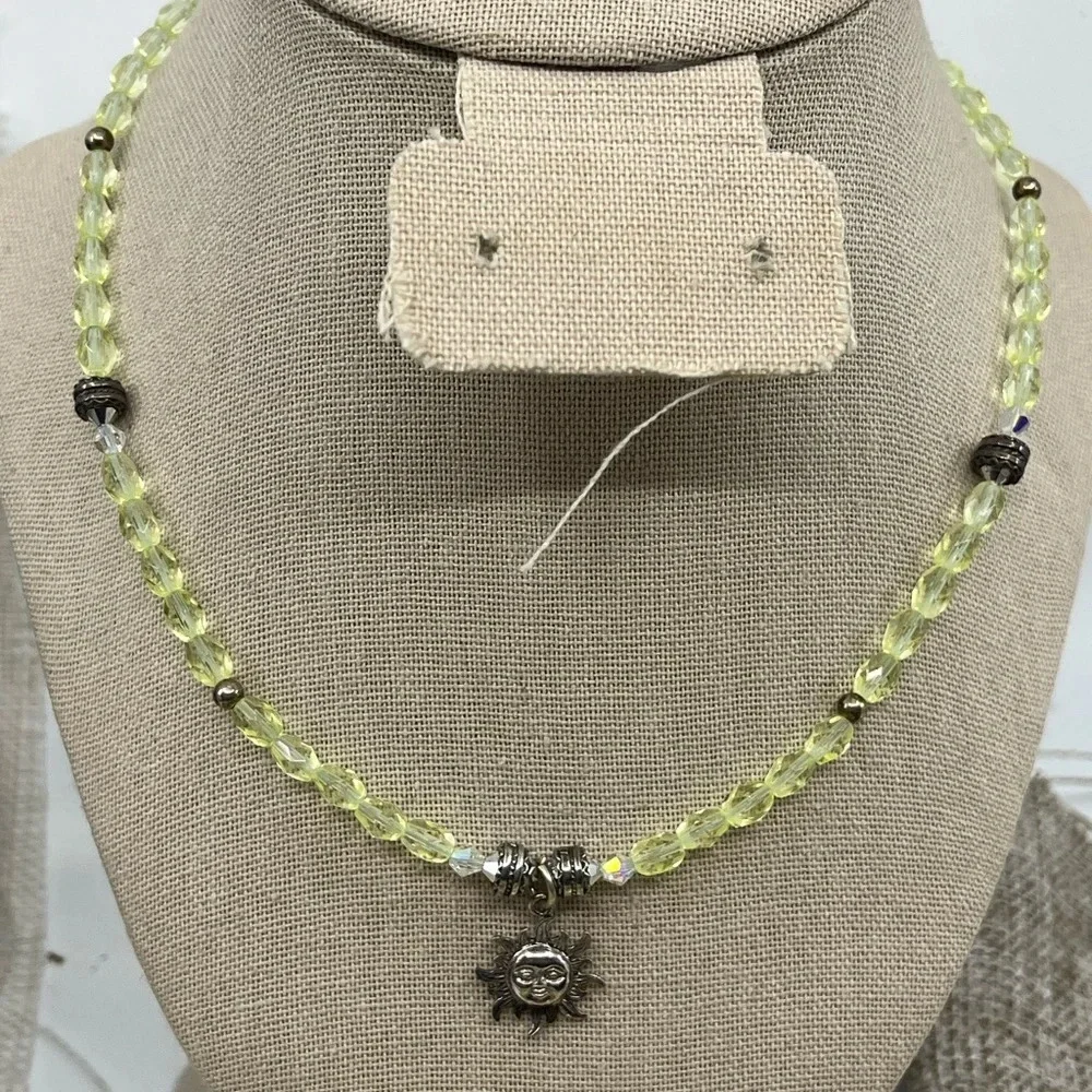 Vintage Handmade Silver Sun Pendant Necklace with Green Faceted Crystals
